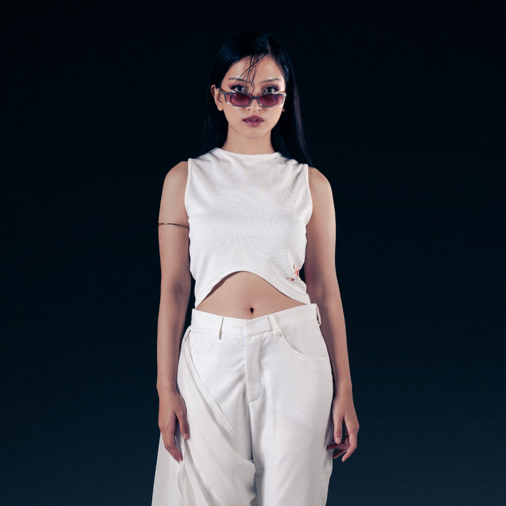 Flower Crop Knit Tank Top White