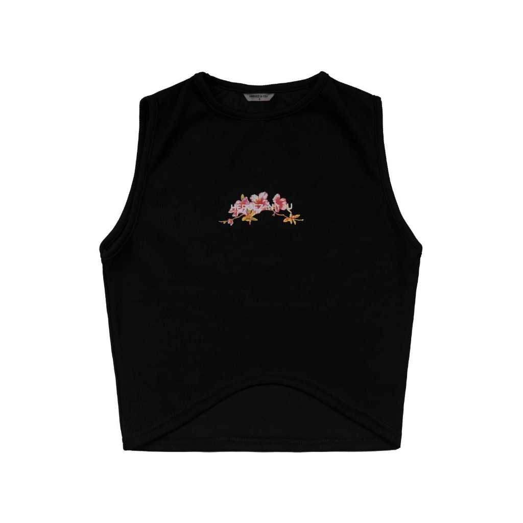 Flower Crop Knit Tank Top Black